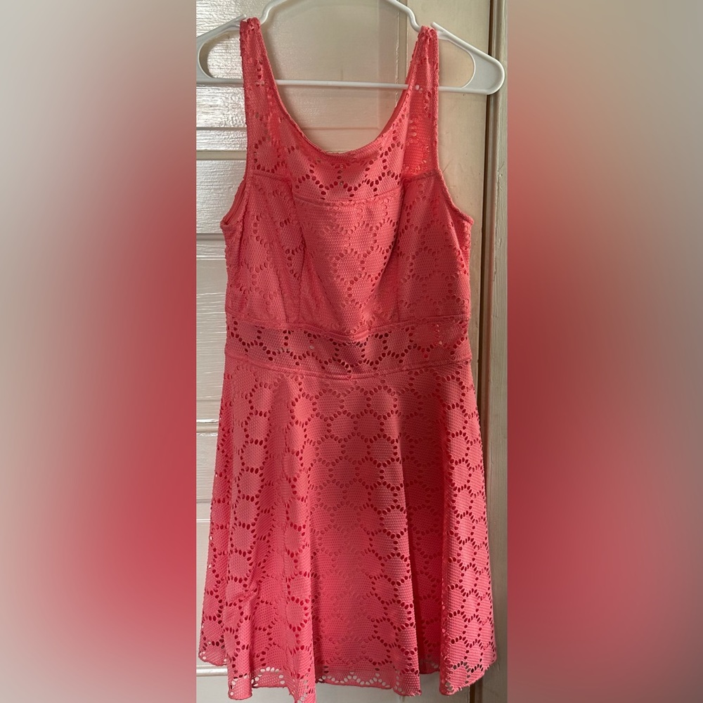 Coral dress with midsection see through lace detail